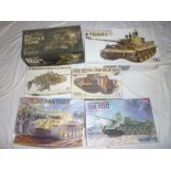 Six boxed model tank kits including Tamiya 1:25 Tiger 1,