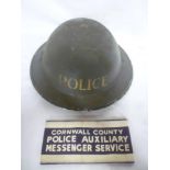 A Second War Cornwall Police Auxiliary Messenger Service armband with a Police steel helmet