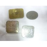 Three Williams Brothers pressed metal tokens and a brass rectangular pay check