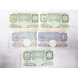 Two blue £1 notes signed Peppiatt and three green £1 notes signed Beale (5)