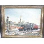 An original oil painting on board by John Griffiths - steam train in a station,