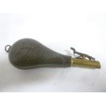 A 19th Century brass mounted leather shot flask decorated with dead game