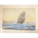 A**D**Bell - watercolour Three masted sailing ship off the coast "Evening in the Channel", signed,