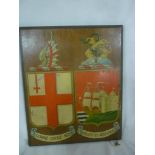 A rectangular polished wood panel decorated with twin coats of arms,