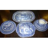 A Victorian Staffordshire pottery oval meat platter with blue & white willow pattern decoration,