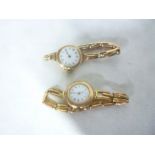 Two ladies 9ct gold wrist watches with circular enamelled dials and 9ct gold straps