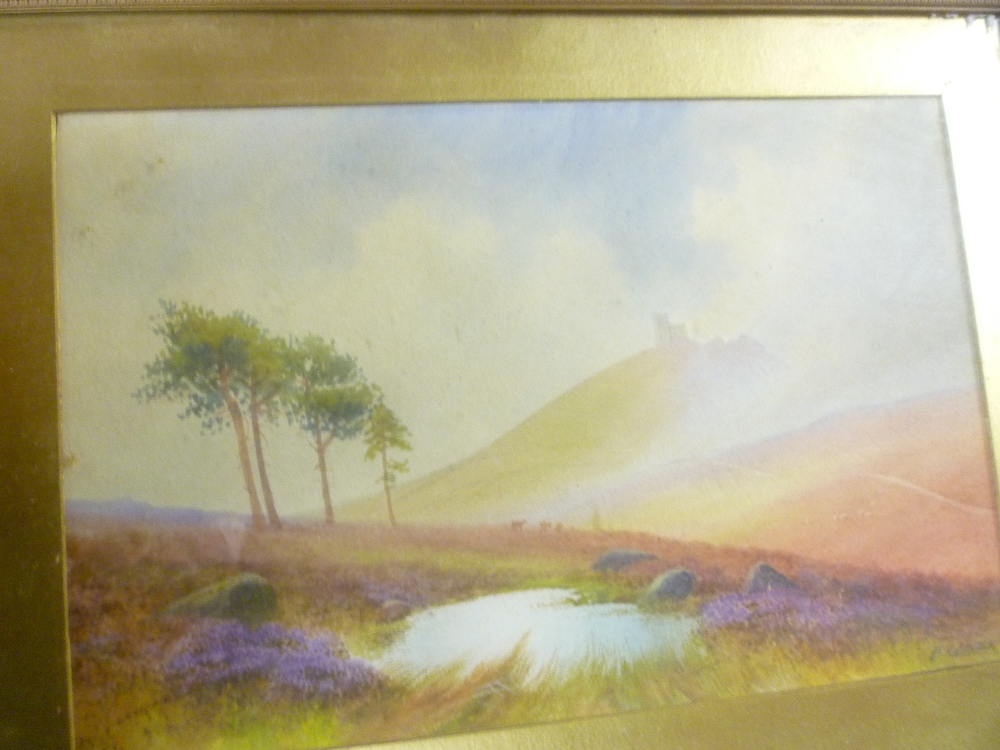 D**H**Pinder - watercolour Moorland scene with castle, signed,