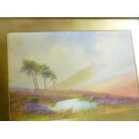 D**H**Pinder - watercolour Moorland scene with castle, signed,