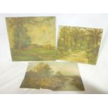 Artist unknown - oils on canvas Two unframed woodland scenes and one other rural scene watercolour