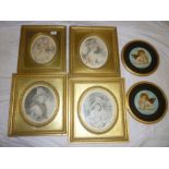 Four Mezzotints depicting female bust portraits in ornate gilt frames and a pair of coloured cherub