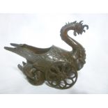 A Japanese bronzed ornamental bowl in the form of a cockerel on two wheels 7½" long