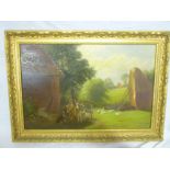 A** Banner - oil on canvas Rural scene with farmer, donkey & cart, signed,