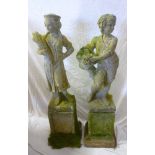 A pair of weathered composition garden figures of a classical boy & girl,