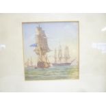Artist unknown - watercolour 19th Century gun ships at sea,