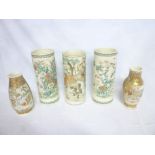 Three Japanese Satsuma pottery cylindrical vases with figure & floral decoration (one af) and one