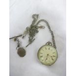 A gentleman's silver cased pocket watch with circular enamelled dial together with silver fob,