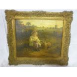 A** M** - Oil on canvas Rural scene with young girl and sheep, signed with initials, 9.5" x 11.