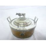 A good quality silver plated & polished oak circular two handled butter dish & cover with standing