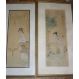 A pair of Japanese watercolours on silk, depicting female figures,