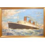 R Bannister - oil on board The Queen Mary liner at sea,