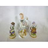 An Italian china figure of a female carrying a basket of flowers and a pair of Continental figures