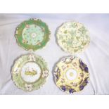 Four various 19th Century china dessert plates decorated with birds and flowers, ivy leaves,