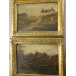 Artist Unknown - oils on canvas A country path & castle scene with lake 9½" x 13" (a pair)