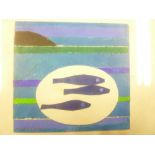 Mary Ford - oil on board "Three Fish on a Striped Sea", signed,