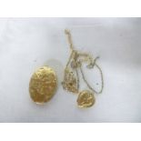 A 9ct gold oval locket pendant, one other 9ct gold heart shaped pendant,