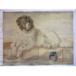 A Victorian needlework rectangular panel depicting a recumbent dog
