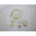 Three various 9ct gold dress rings and a 9ct gold damaged bangle (4)