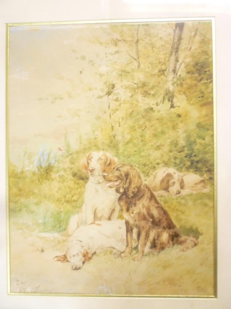 Artist unknown - watercolour Rural scene with a study of four dogs, indistinctly signed,