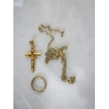 9ct gold crucifix pendant with chain & a 9ct gold wedding band (2)