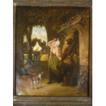 Artist unknown - oil on canvas Doorway scene with girl with pitcher & musketeer 15" x 12½"