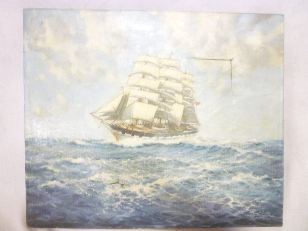 Arthury Bradbury - oil on canvas Three masted sailing ship at sea, signed and dated 1969,