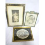Three decoratively framed engravings including black & white portrait engraving in green lacquered