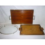An Edwardian inlaid mahogany rectangular tea tray with oxidised metal handles,