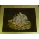 A Victorian needlework rectangular panel depicting a female figure with two children,