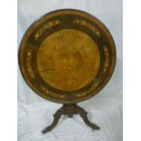 A Victorian Marquetry inlaid walnut circular turnover top occasional table with floral decorated