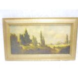 Artist unknown - oil on board Rural scene with figures on a path, indistinctly signed,