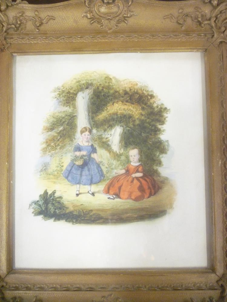 Artist Unknown - watercolour 19th Century study of two young children 10" x 9"