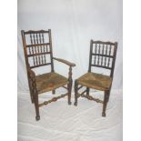 A set of five single and one carver early 19th Century Lancashire ash dining chairs with bobbin