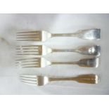 Four early Victorian silver "Fiddle" pattern table forks, London marks,
