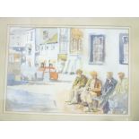 Jon Harry - watercolour Cornish harbour scene with seated figures, signed and dated '98,