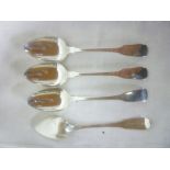 Four George III "Fiddle" pattern dessert spoons,