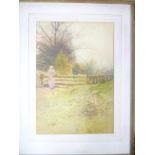 Carleton A Smith - watercolour Rural scene with figure by a gate,