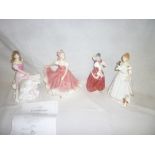 Four Royal Doulton china female figures including "Christmas Morn/Take Me Home/Olivia with