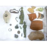 A selection of various Roman and other excavated artefacts including two Lacerna bronze classical