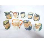 Nine Royal Doulton medium size pottery character jugs including "Old Salt/Robin Hood/Santa