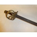 A 19th Century Continental cavalry sword with single edged blade and brass hilt (af)